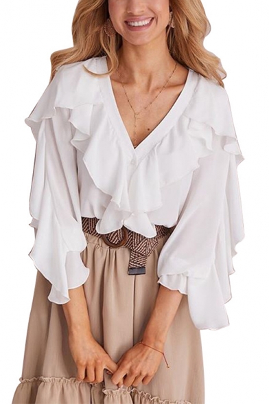Womens Popular Trendy Simple Plain V-Neck Ruffled Hem Bell Sleeve Stylish Blouse Top