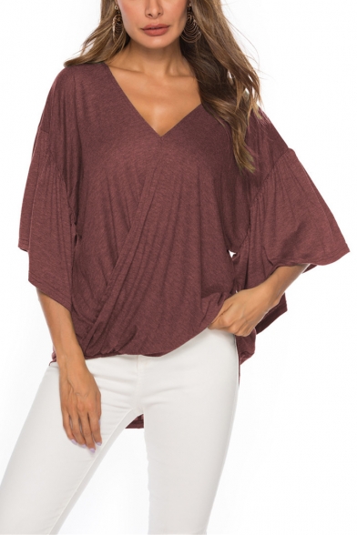 Womens Stylish Simple Plain Ruffled Sleeve V-Neck Twist Hem Casual Loose T-Shirt