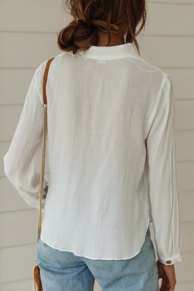 Womens Summer Chic Simple Plain V-Neck Long Sleeve Button Down White Shirt Blouse
