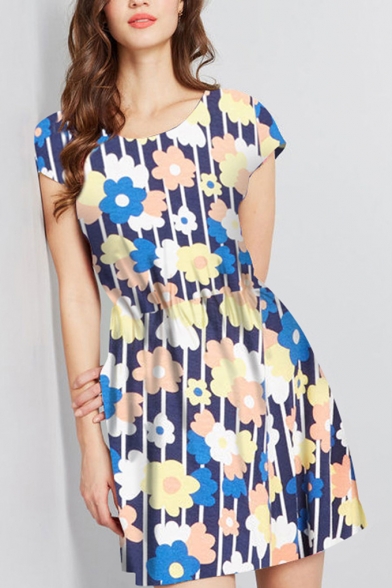 Womens Summer Trendy Round Neck Short Sleeve Mini A-Line Dress