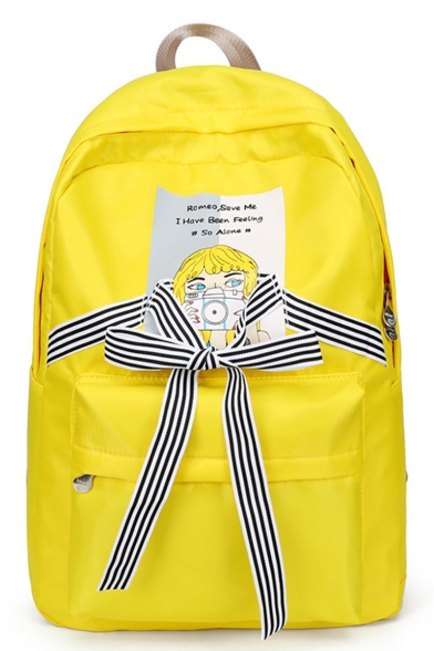 Big Capacity Cute Cartoon Letter Print Stripe Tie Embellishment Nylon Leisure Varsity Backpack for Girls 44*30*13 CM