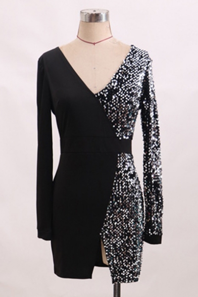 Black Plunge Neck Long Sleeve Patchwork Sequined Embellished Split Front Mini Asymmetric Pencil Dress