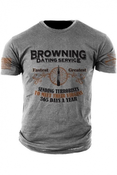 BROWNING DATING SERVICE Graphic Printed Short Sleeve Casual Grey T-Shirt