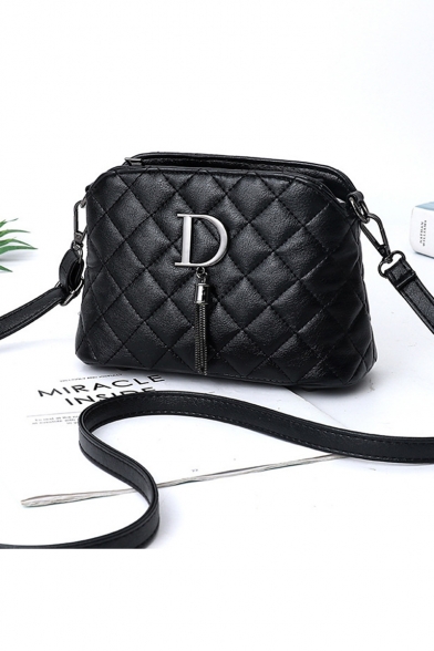 Chic Diamond Quilted Letter D Tassel Embellishment Black Crossbody Messenger Bag 21*10*13 CM