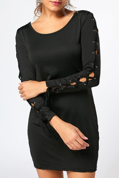 Chic Hollow Out Eyelet Lace-Up Long Sleeve Round Neck Simple Plain Mini Bodycon Black Dress