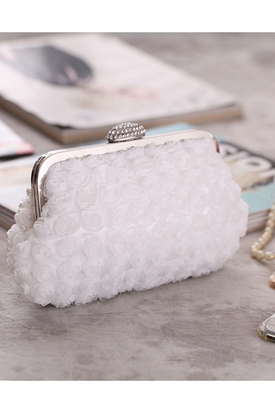 Chic Solid Color Ruffled Pearl Embellishment Rhinestone Buckle White Evening Clutch 14*9.5*7 CM