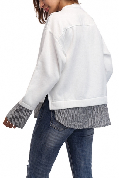 Chic Stripe Fake Two-Piece Patched Round Neck Long Sleeve White Casual Sweatshirt