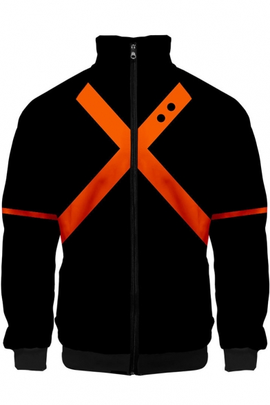 Comic Cosplay Costume Orange Cross Printed Stand Collar Zip Up Black Jacket