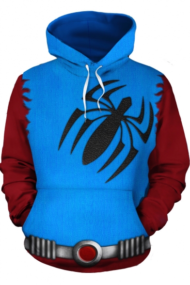 Cool Fashion Color Block Spider Printed Long Sleeve Blue Hoodie