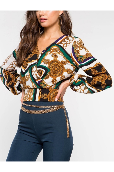 Cool Gold Compass Printed Surplice V-Neck Long Sleeve Casual Blouse Top