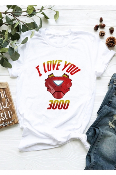 Cool Iron Letter I LOVE YOU 3000 Graphic Print Short Sleeve White T-Shirt