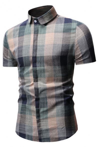 Fashion Check Pattern Mens Short Sleeve Slim Fitted Button Up Shirt