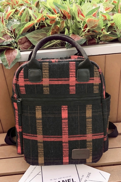 Fashion Colorblock Plaid Pattern Durable Canvas Laptop Backpack School Bag 25*12*35 CM