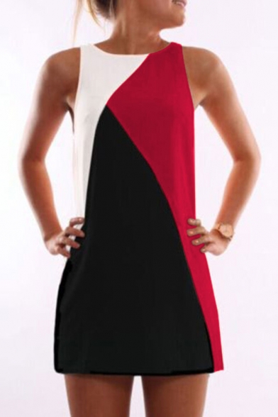 Fashion Colorblocked Geometric Round Neck Sleeveless Casual Loose Mini Tank Dress