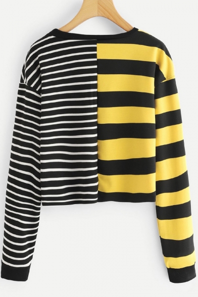 Fashion Colorblocked Stripe Pattern Round Neck Long Sleeve Cropped Sweatshirt