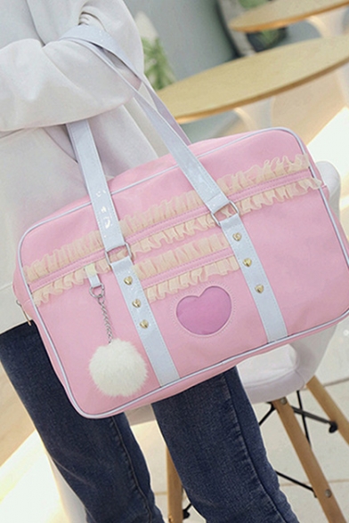 Fashion Heart Pattern Plush Ball Lace Embellishment Large Capacity Pink Shoulder Tote Handbag 40*11*27 CM