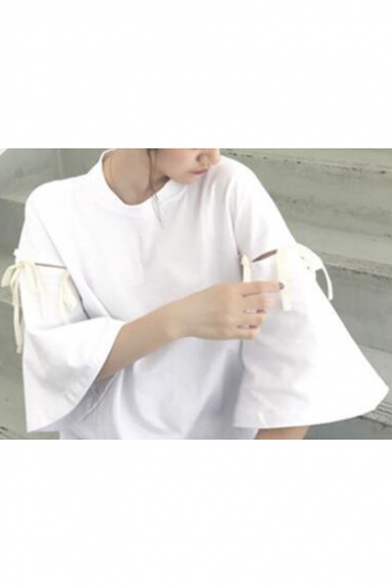Fashion Hollow Out Bow-Tied Bell Sleeve Solid Color Relaxed T-Shirt