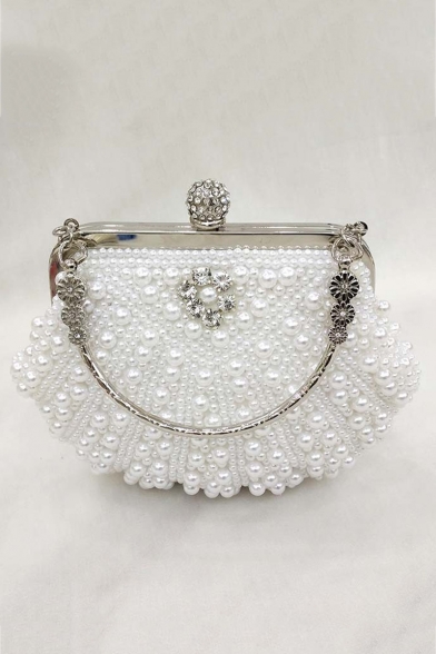 Fashion Plain Pearl Rhinestone Embellishment Top Handle Evening Bag Wedding Clutch Handbag 19*13*5 CM