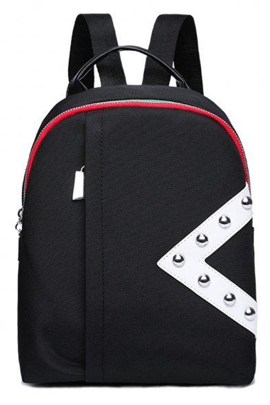 Fashion Varsity Rivet Embellished Black Nylon Leisure Backpack for Girls 27*22*9 CM