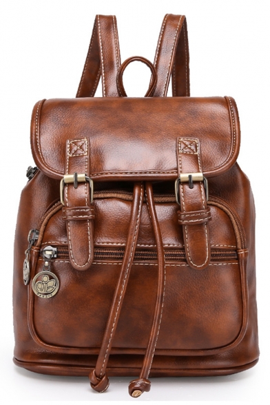 Fashion Vintage Solid Color Belt Buckle PU Leather Drawstring School Backpack Leisure Travel Bag 23*13*25 CM