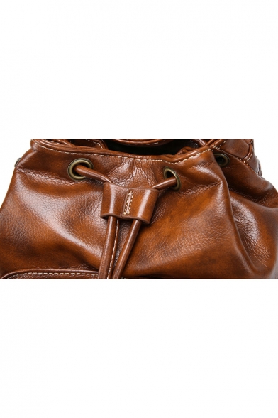 Fashion Vintage Solid Color Belt Buckle PU Leather Drawstring School Backpack Leisure Travel Bag 23*13*25 CM