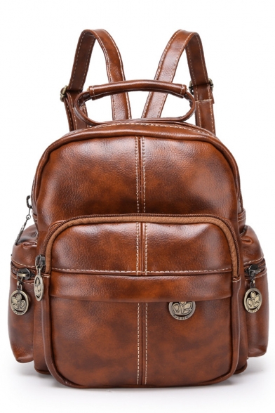 Fashion Vintage Solid Color PU Leather Portable Casual Backpack with Side Pocket 19*10*23 CM