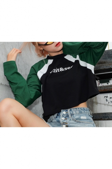 Funny Letter WAIT and SEE Print Colorblocked Round Neck Long Sleeve Cropped Sweatshirt