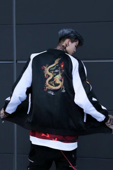 Guys Cool Animal Dragon Crane Embroidery Back Long Sleeve Colorblock Zip Up Baseball Jacket