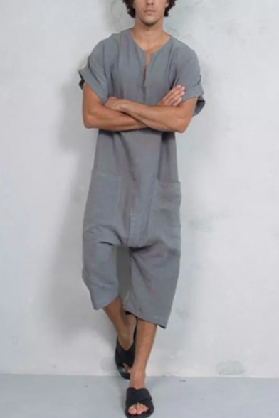 Guys Hot Popular Basic Simple Plain Short Sleeve Baggy Loose Linen Rompers Jumpsuits