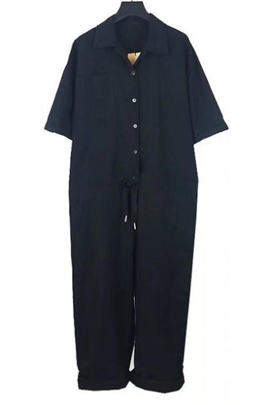 Guys Vintage Turn-Down Collar Short Sleeve Button Front Drawstring Waist Plain Casual Work Coveralls