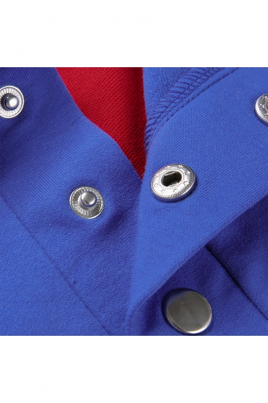 Hip Hop Style Girls Button Lapel Collar Vintage Blue and Red Colorblock Drawstring Hem Crop Sweatshirt