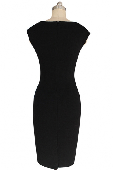 Hot Fashion Chic Bow-Knotted Front V-Neck Sleeveless Black and White Two-Tone Pencil Dress