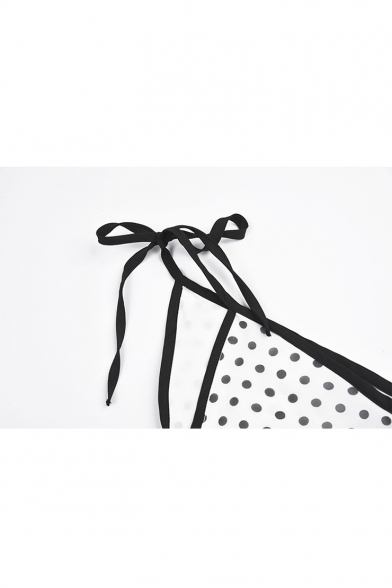 Hot Fashion Plunge Neck Bow Sleeveless Polka Dot Printed Lace Cutout Maxi Slip Black Dress
