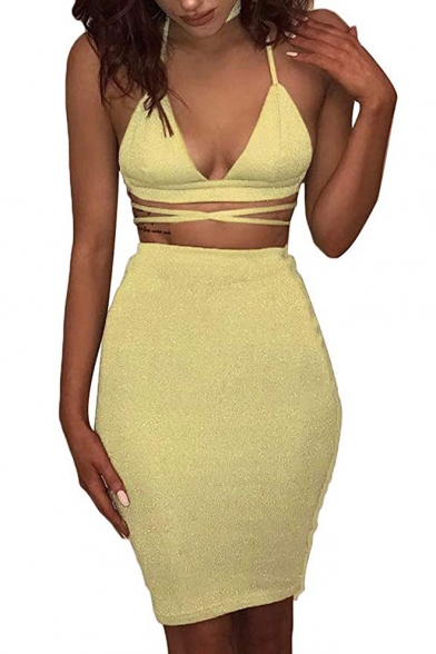 Hot Trendy Solid Color Halter Sexy V-Neck Sleeveless Cutout Waist Open Back Mini Bodycon Sequined Dress
