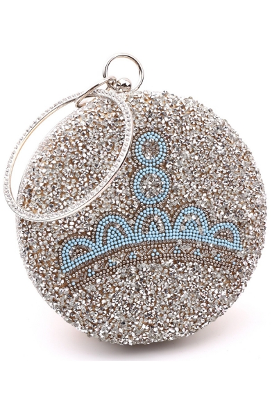 Luxury Printed Bead Rhinestone Embellishment Silver Round Clutch Handbag 18*18 CM