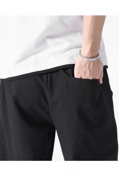 Men's Summer Linen Simple Plain Drawstring Waist Frog Button Gathered Cuff Casual Tapered Pants
