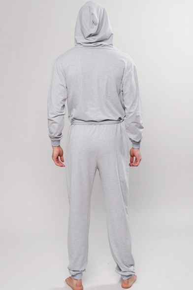 Mens Casual Loose Plain Grey Hooded Long Sleeve Tied Waist Loungewear Jumpsuits Pants