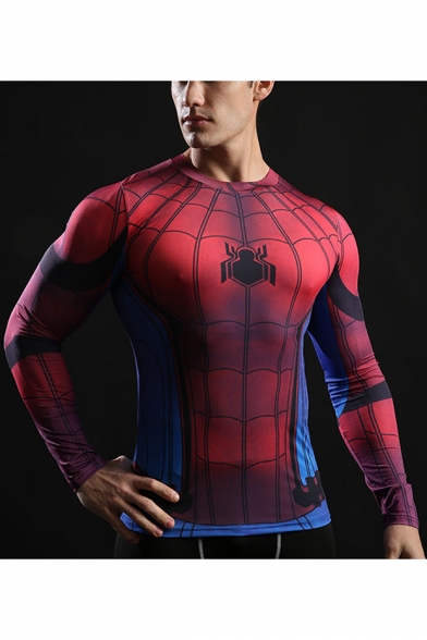 Mens Cool Red Spider Pattern Round Neck Long Sleeve Quick Drying Fitness Tight Tee