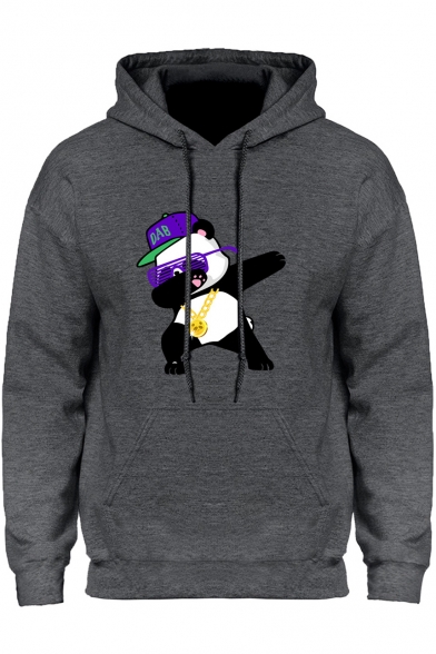 Mens Funny Cartoon Panda with Cap Printed Long Sleeve Loose Fit Drawstring Hoodie
