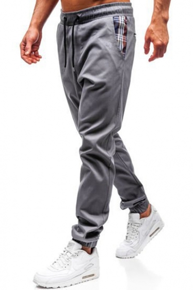 Mens New Fashion Plaid Patched Pocket Drawstring Waist Cotton Loose Pants Trousers