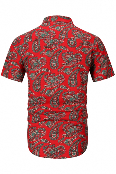 Mens Summer Trendy Tribal Pattern Spread Collar Short Sleeve Button Shirt