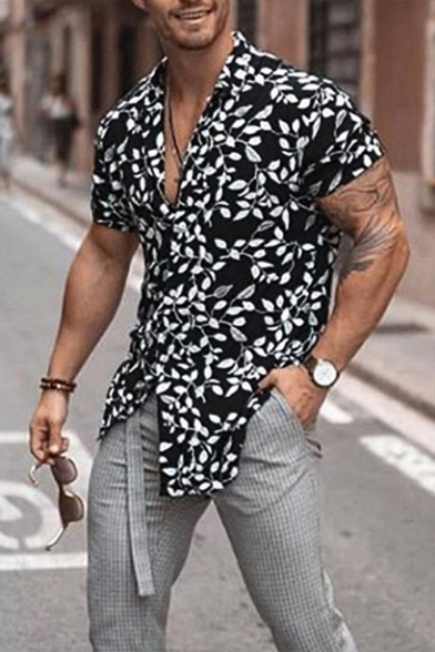 Mens Trendy Black Leaf Pattern Short Sleeve Casual Loose Beach Camp Shirt