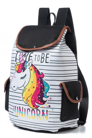 New Collection Letter Stripe Unicorn Printed Black and White Drawstring Backpack with Side Pockets 28*11*39 CM