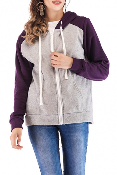 New Fashion Colorblock Long Sleeve Zip Up Drawstring Hoodie with Pockets