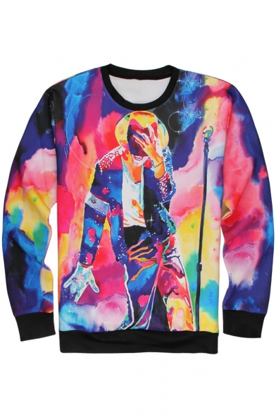 New Fashion Michael Jackson 3D Character Print Tie Dye Round Neck Long Sleeve Unisex Pullover Sweatshirt