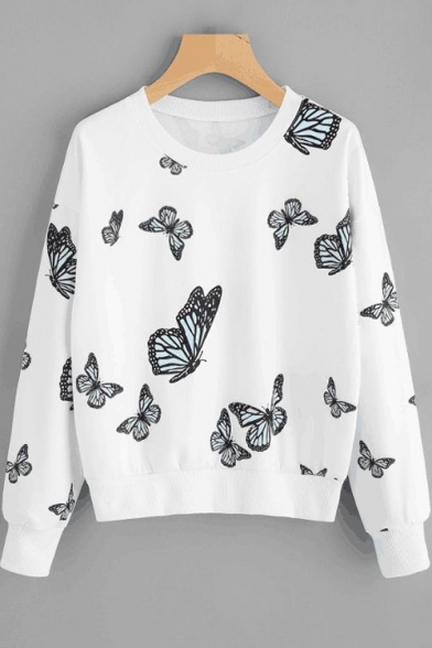 New Stylish Butterflies Printed Round Neck Long Sleeve White Loose Casual Sweatshirt