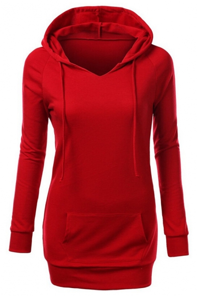 

New Stylish Solid Color V-Neck Drawstring Hood Long Sleeve Slim Fit Cotton Longline Hoodie with Pocket, Red;purple;light gray, LM527839