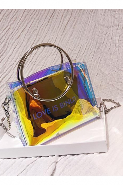 New Trendy Letter LOVE IS BINLD Printed Metal Ring Handle Laser Transparent Satchel Tote Bag 17*7*12 CM