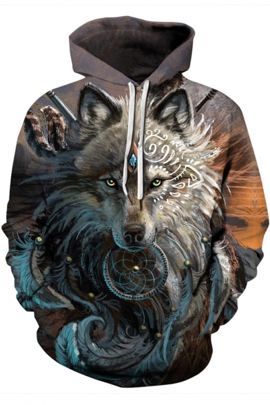 Popular 3D Wolf Printed Drawstring Hood Long Sleeve Dark Gray Unisex Hoodie