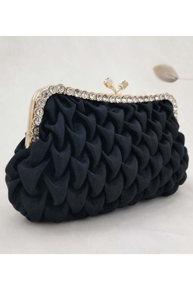 Popular Fashion Plain Ruffled Rhinestone Embellishment Black Evening Clutch Bag 21*4*14 CM